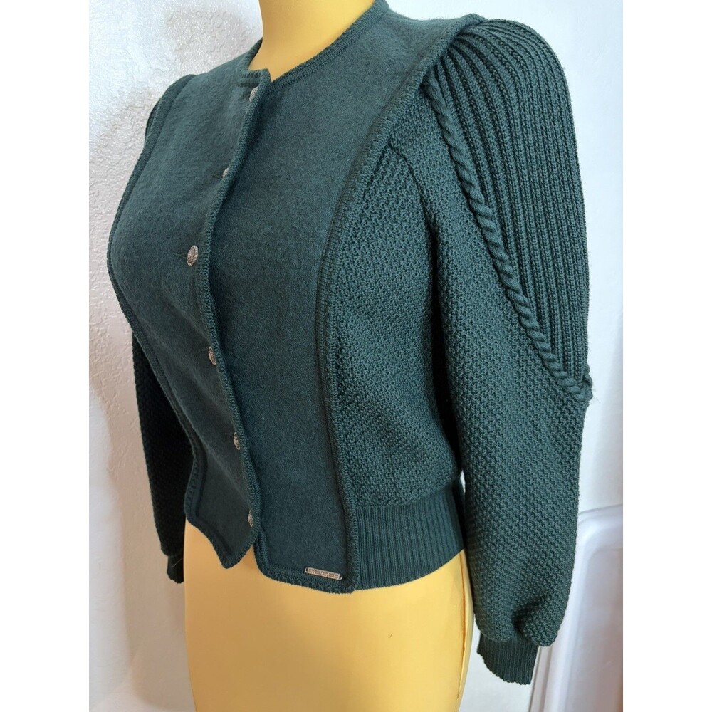 Vintage Geiger Austria Braided Wool Knit Cardigan Sz 38 Small Dark Green